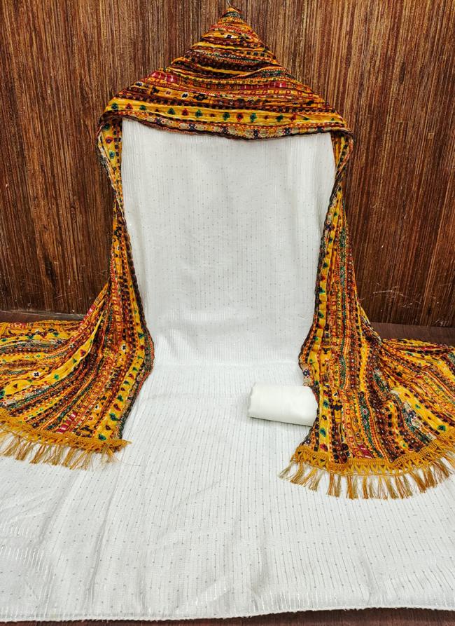 Chanderi White Mustard Traditional Wear Croset Work Dress Material